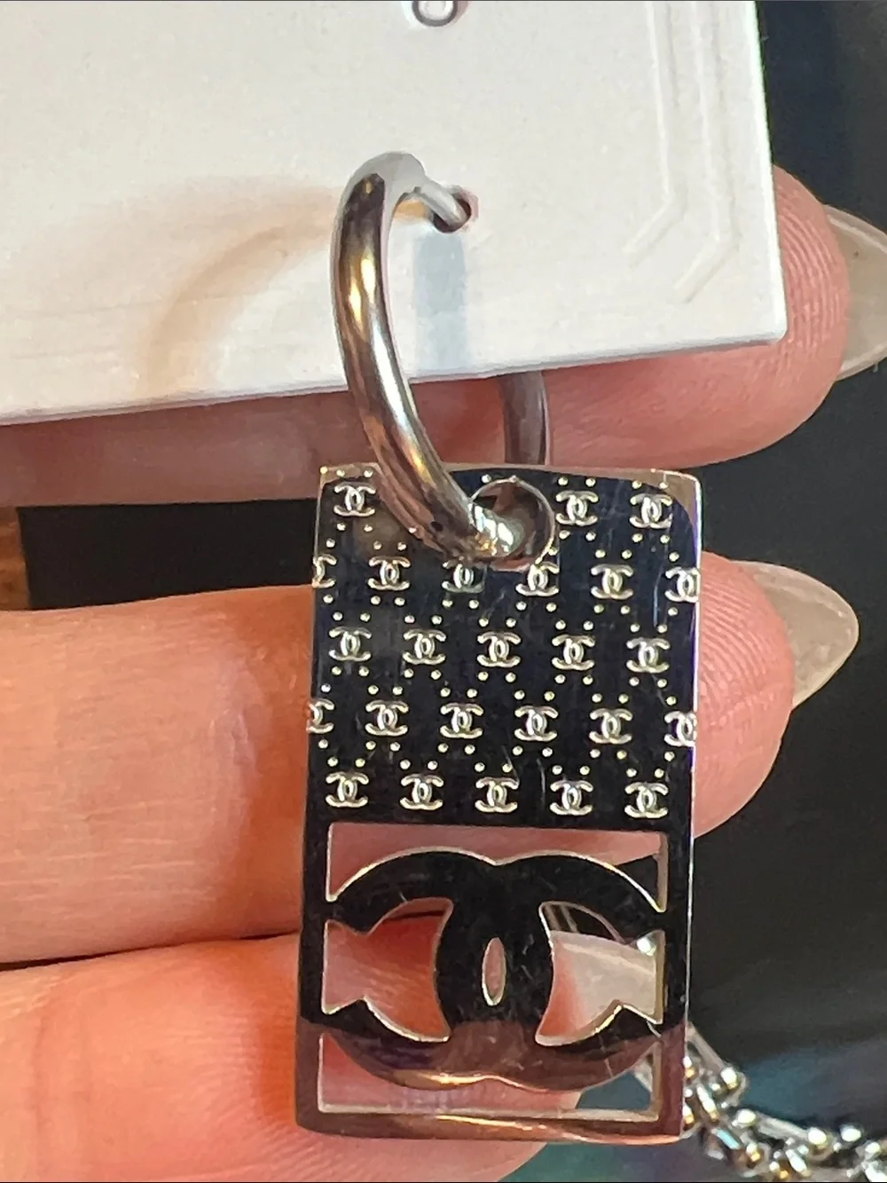 Stainless Steel Silver-Tone Logo Dangle Earrings